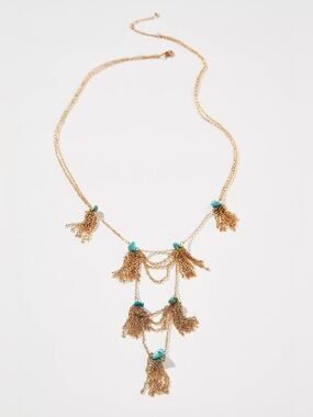 New Anthropologie Gold Netted Tassel Necklace Turquoise